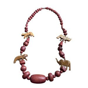 Artisan Wooden Animal Beaded Necklace Elephant Rhino Boho Retro Festival Barrel
